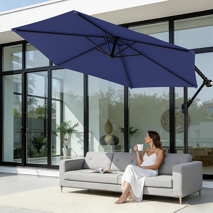 AreShark 10FT Patio Outdoor Umbrella, Offset Patio Umbrella Cantilever Umbrella, 6 Sturdy Ribs, Easy Adjustment for Garden Market Pool with Cross Base (Navy)