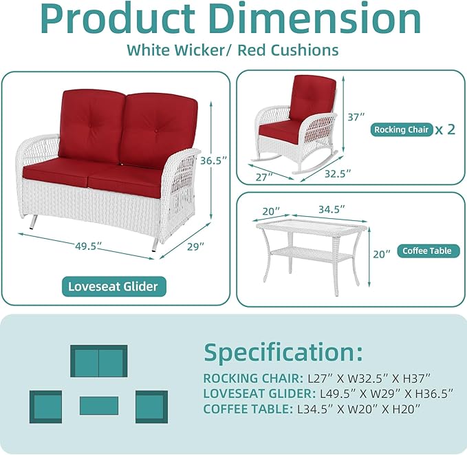 MEETWARM 4 Pieces Outdoor Wicker Patio Conversation Sets with Glider Loveseat, 2 Chairs with Coffee Table Wicker Rocking Chair Set, Patio Furniture Set with Thickened Cushions, White/Red