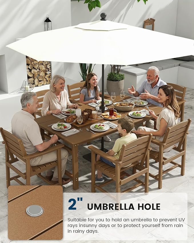 FOOWIN Outdoor HDPE Dining Table Set 7-Piece All Weather Patio Dining Set with Umbrella Hole,Outdoor Patio Furniture Dining Set for 6,Patio Kitchen Table Set for Garden,Backyard,Poolside. Teak