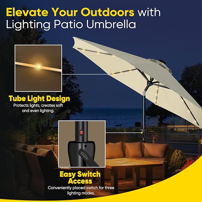 Tempera Solar Patio Umbrella 40 LED Lighted Outdoor Umbrella Table Market Umbrella with Push Button Tilt and Crank, Solar Umbrella with Sturdy Pole&Fade Resistant Canopy, Easy to Set