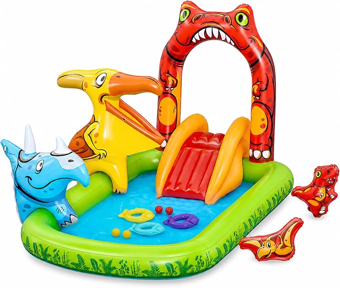 H2OGO! Jurassic Splash Inflatable Water Play Center, 7'11" x 55" x 54" Kids Outdoor Activity Center with Water Archway Slide, Games, & Splash Pool