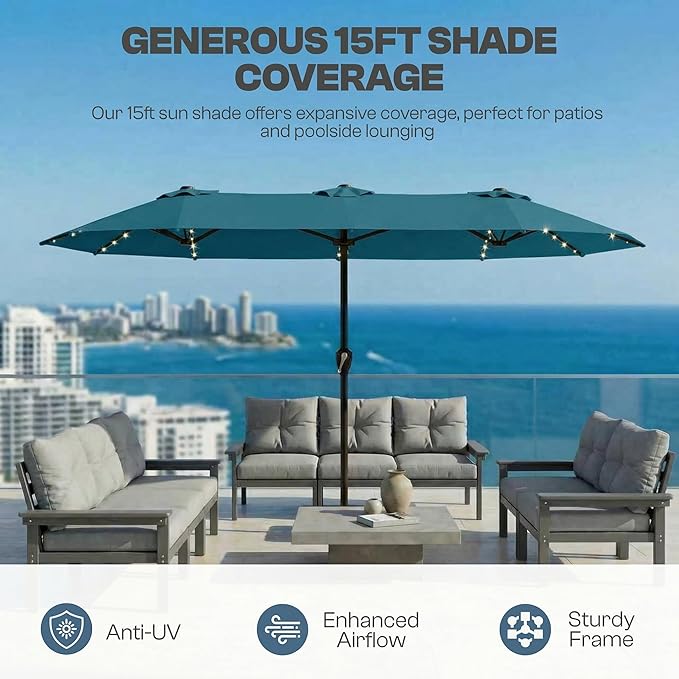 15FT Patio Umbrella with Solar Lights, Double-Sided Extra Large Outdoor Table Umbrella with Base Included, Heavy-Duty 12 Iron Ribs Market Umbrella for Garden, Pool, Backyard, Lake Blue