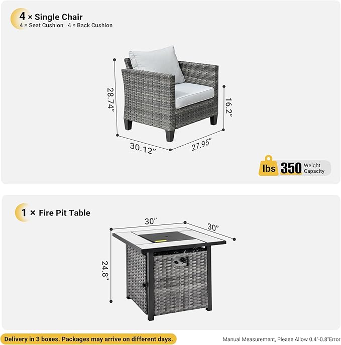 ovios 5 Pieces Patio Furniture Set, Outdoor Wicker Rattan Chairs of 4 with 30" Fire Pit Table, High Back Chair Conversation Sets for Porch Deck Garden, Grey