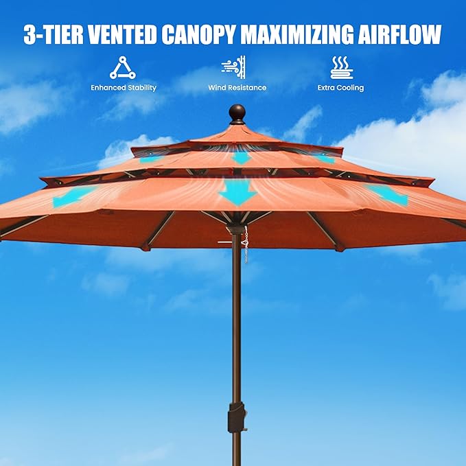 EliteShade USA 10-Year-Non-Fading 11ft 3-Tier Market Patio Umbrella, Commercial Grade Outdoor Table Umbrella with Crank Open, Windproof & UPF 50+ UV Protection, Heavy Duty Ventilation for Garden, Deck, Pool, Backyard, Beach & Bistro, No Tilt, Rust