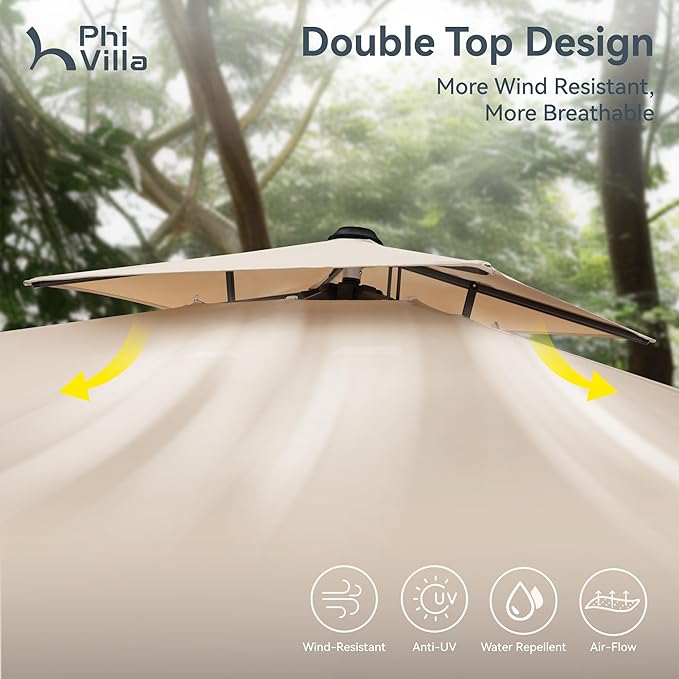 PHI VILLA Cantilever Patio Umbrella with Base, Outdoor 10ft Large Square Umbrellas with 360°Rotation, Heavy Duty Hydraulic Double Umbrella Windproof for Outside, Pool, Deck, Garden, Porch, Beige