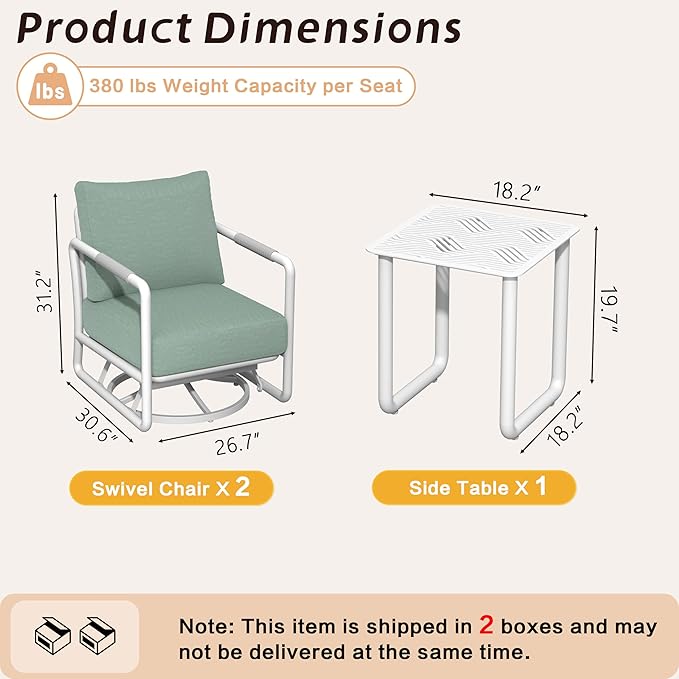 3-Piece Aluminum Outdoor Swivel Rocker Chair Set, 360° Swivel and Rocking Patio Chairs with 6.5-Inch Thick Cushions and Side Table, All-Weather Conversation Sofa for Backyard, Deck, Porch, Balcony