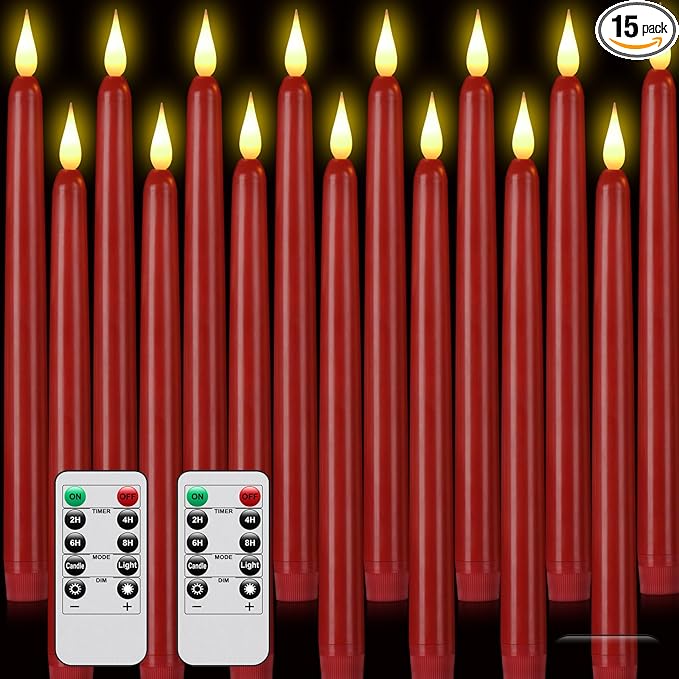 Flameless Taper Candles with Remote Control,3/6/9/12/15pack Plastic LED Candles, Flickering Battery Operated, 9.2'’Classic Tall Candle for Wedding, Party,Christmas,Home Decor (15PACK, Red)