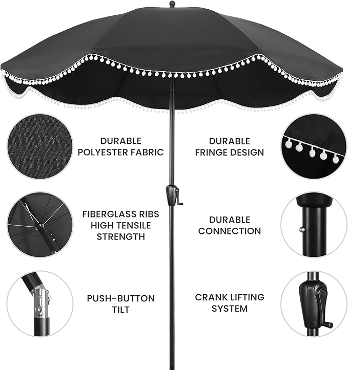 9' Patio Umbrella with Black Canopy and White Fringe Accents, Black Frame Market Umbrella for Patio, Deck, and Backyard by Sun-Ray