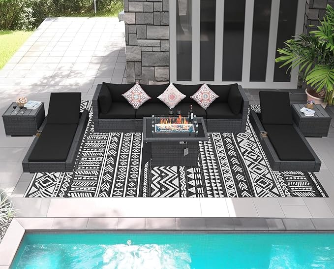NICESOUL 9 Piece Outdoor Patio Furniture Set with Fire Pit, Modern Backyard Sectional with Loungers, Cozy 29.3'' High-Back Outside Seating Sofa, All-Weather Wicker Couch for Garden, Grey & Black