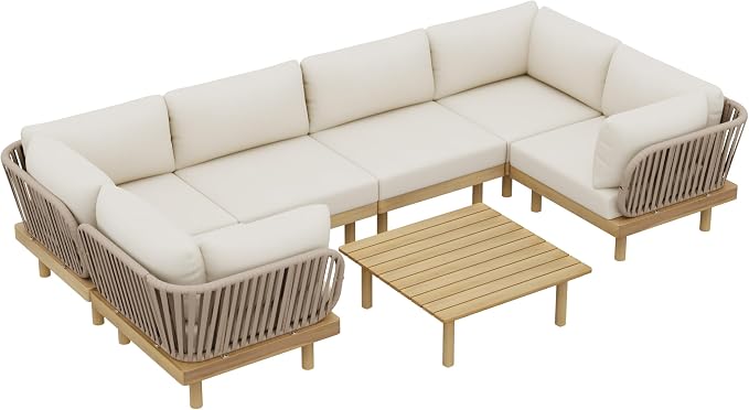 Christopher Knight Home Joan 7 Piece Patio Furniture Set with Slatted Coffee Table, Outdoor Sofa Set with Rope Back & Cushions, Acacia Wood Sectional Conversation Set, Beige+Cream+Light Teak