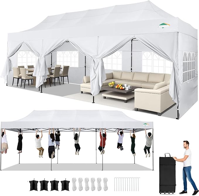 COBIZI 10x30 Pop up Canopy Tent Heavy Duty with 8 Sidewalls, Easy Set-up Commercial Outdoor Party Tent, 100% Waterproof Wedding Gazebo, 3 Height Adjustable with Wheeled Bag, Clean White