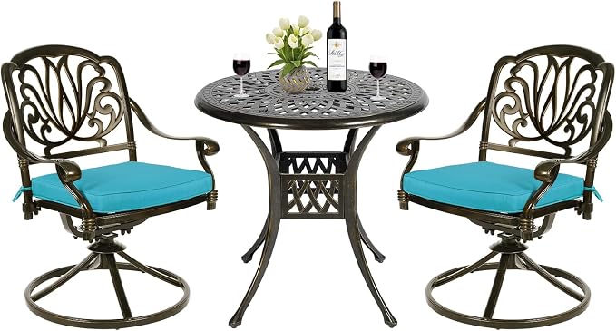 MEETWARM 3-Piece Outdoor Patio Dining Set, All-Weather Cast Aluminum Patio Conversation Set for Backyard Garden Deck with 2 Cushions Swivel Rocker Chairs and 31" Round Table, Umbrella Hole, Ocean Blue