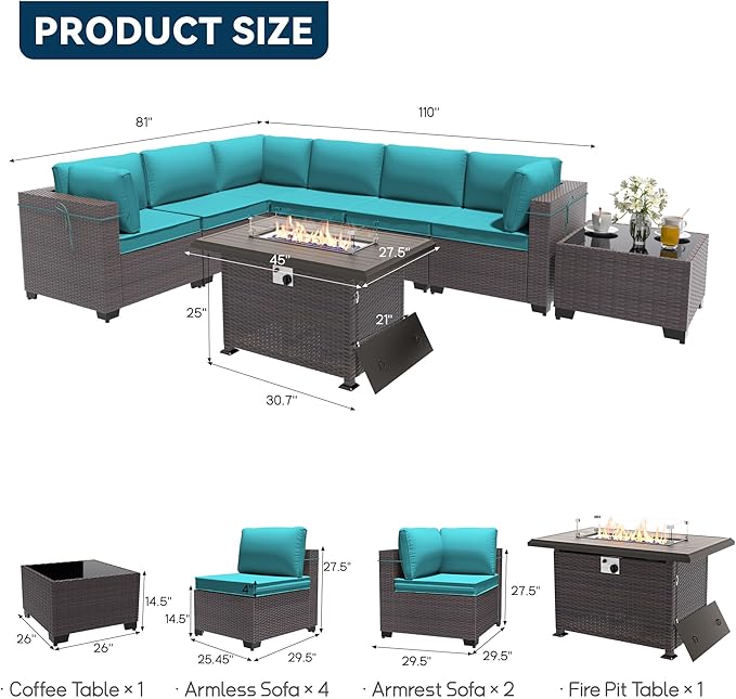 Patio Furniture Set with Fire Pit Table 8 Pieces Outdoor Sectional Sofa Set,PE Rattan Wicker Patio Conversation Set w/43in 55000 BTU Propane Fire Pit Table,Blue