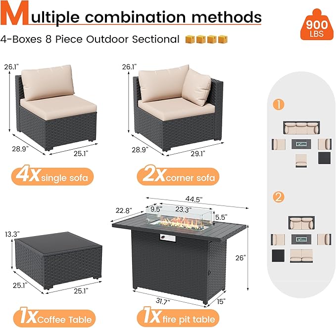 8 Piece Patio Furniture Set with 43" Fire Pit Table, Outdoor Sectional Wicker Rattan Sofa Set with Coffee Table (Beige/Black)