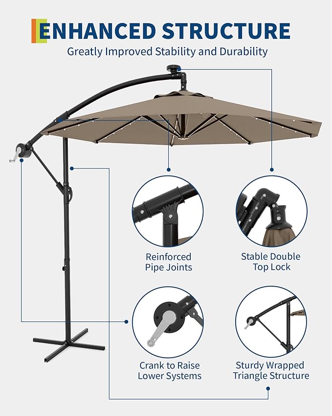 10FT Cantilever Patio Umbrella with Solar LED Lights - Heavy Duty 2-Tier Square Aluminum Offset Outdoor Umbrella, 360° Rotation for Poolside, Backyard, Deck Outdoor Use, Tan