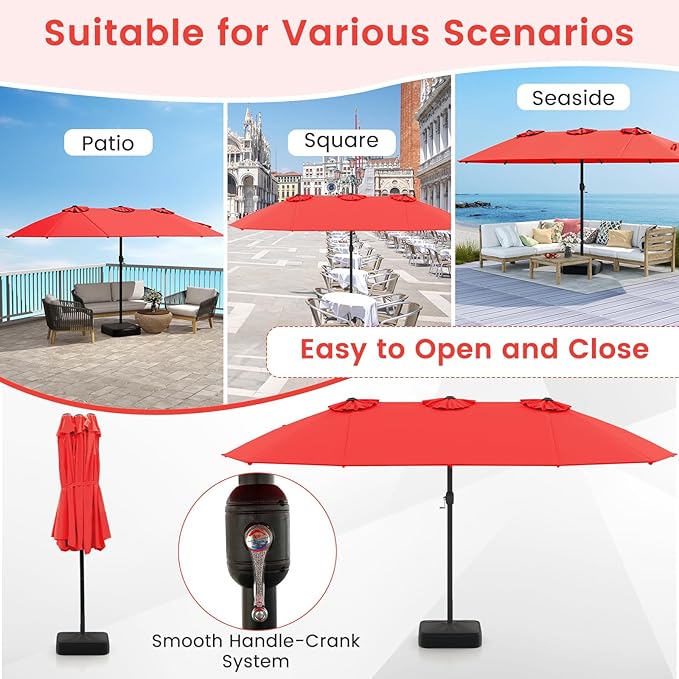 Tangkula 15FT Double-Sided Patio Umbrella with Base, Extra-Large Market Umbrella W/Crank System, Outdoor Twin Umbrella W/ 12-Rib Metal Structure & Air Vents for Garden, Backyard, Poolside