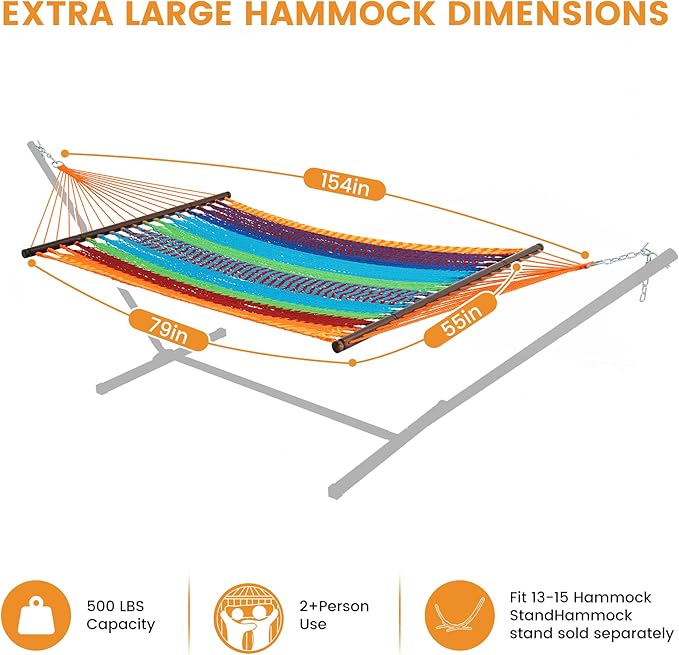 Lazy Daze Hammocks 13 FT Extra Large 2+ Person Caribbean Rope Hammock, Hand Woven Polyester XL Hammock with Spreader Bars, for Outside Outdoor Backyard Patio Poolside, 500 LBS Capacity, Multicolor