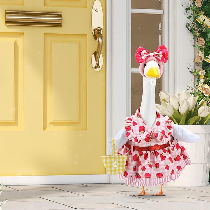 Summer Porch Goose Outfits for 23 Inch Lawn Statue | Strawberry Gril with Basket Costume for Plastic/Cement Statue, Spring Duck Sculpture Clothes for Yard Patio Party Decoration