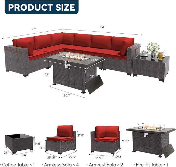 Patio Furniture Set with Fire Pit Table 8 Pieces Outdoor Sectional Sofa Set,PE Rattan Wicker Patio Conversation Set w/43in 55000 BTU Propane Fire Pit Table,Red