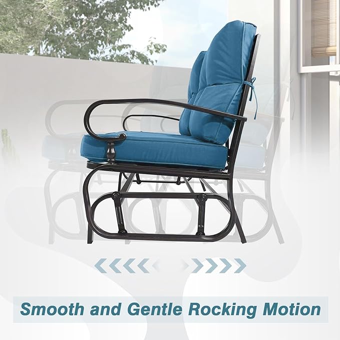 Oakcloud 4-Piece Outdoor Metal Furniture Sets Patio Conversation Set Wrought Iron Glider, 2 Spring Lounge Chairs and Round Side Table, Peacock Blue