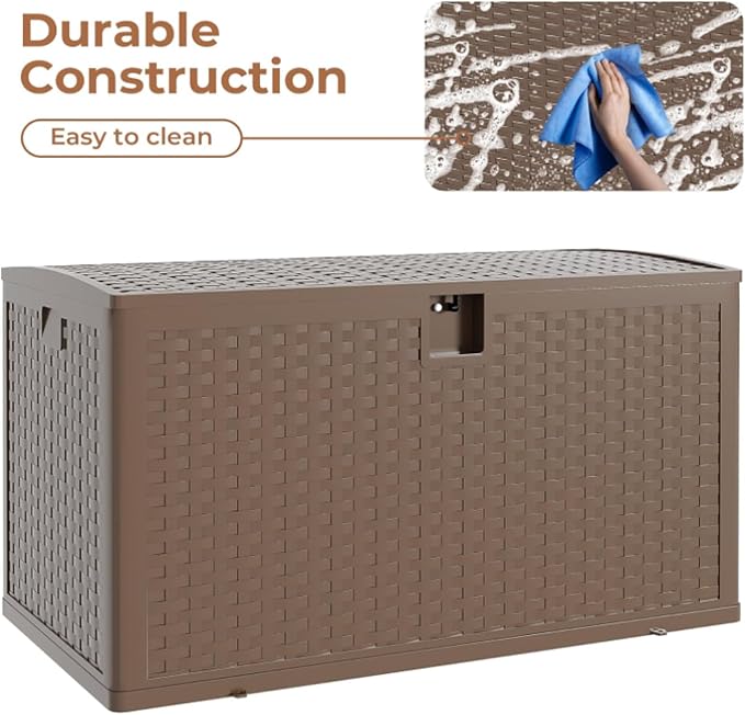73 gal Brown Resin Deck Box, Outdoor Storage Box with Lockable Lid & Weatherproof Design, Extra Large Patio Storage Container for Garden Tools, Pool Toys, Furniture Cushions, Brown