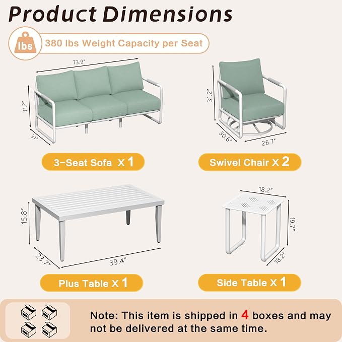 5-Piece All-Weather Aluminum Patio Conversation Set, 2 Swivel Rocking Chairs, 3-Seat Sofa & Rectangular Coffee Table for Pool, Garden, Balcony, White