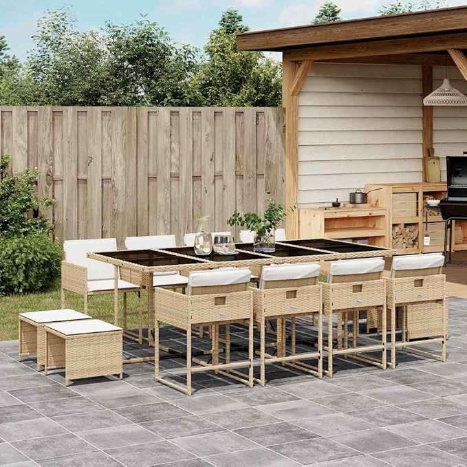 12-Seater Garden Dining Set, Rectangular Outdoor Patio Table with Tempered Glass Top, Foldable Rattan Chairs for Backyard and Balcony, Beige and Black
