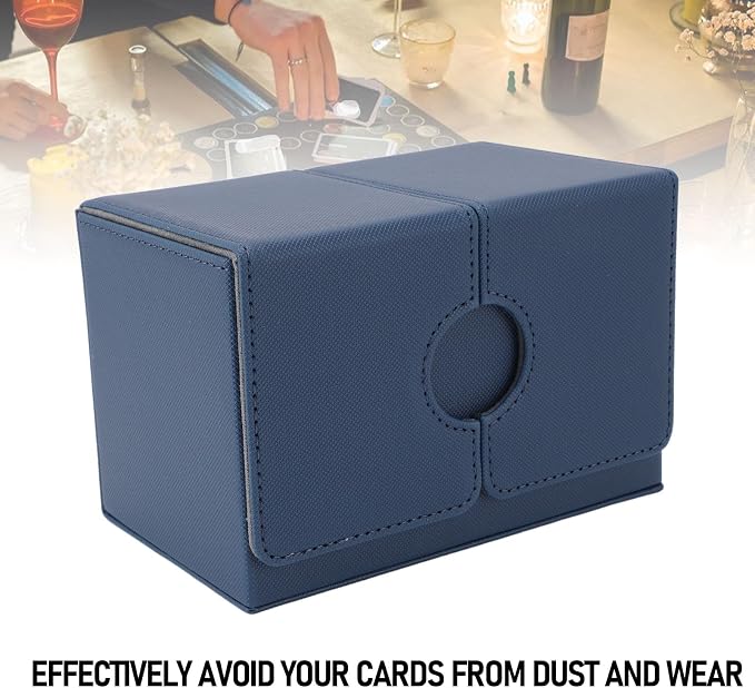 EVGATSAUTO PU Leather Card Deck Box with Detachable Dice Tray, Storage Case Holds 200+ Collectible Cards for CCG Gaming Accessories (Dark Blue)