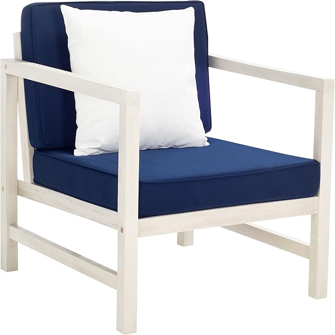 SAFAVIEH Outdoor Collection Montez White/ Navy Cushions/ White Pillows 4-Piece Conversation Patio Set