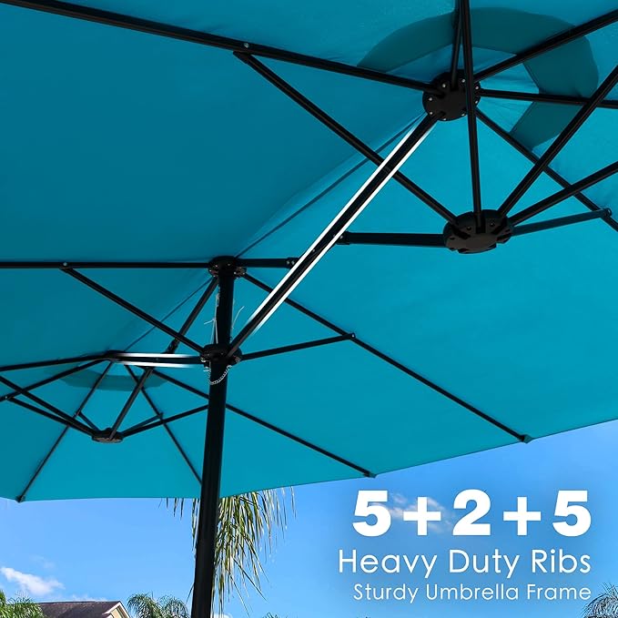 Kozyard 15 FT Rectangular Double-Sided Patio Umbrella with Solar Lights, Outdoor Patio Umbrella with Crank Lift, Base Included, UV-Resistant for Pool, Backyard & Garden Blue