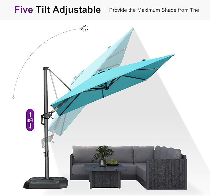 PURPLE LEAF 8'×8' Patio Cantilever Umbrella with Base Included Offset Outdoor Umbrella with Cover Square Outdoor Patios for Backyard Pool Garden Turquoise Blue