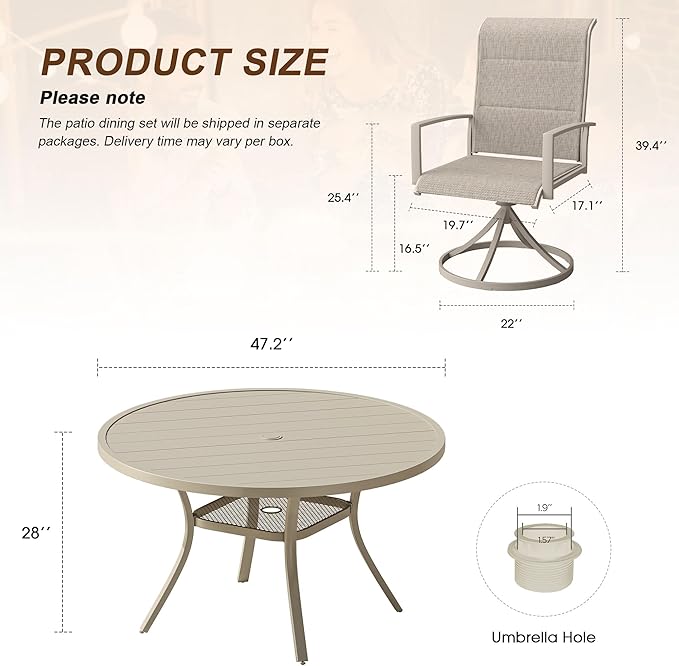 VICLLAX 7 Pieces Outdoor Dining Set, Patio Furniture Set Includes 47" Round Metal Table W/ 1.9" Umbrella Hole and 6 Padded Textilene Swivel Chairs for Porch, Lawn, Garden, Backyard