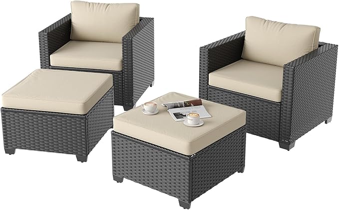 Aoxun 4 Piece Patio Furniture Set with Ottomans, Wicker Outdoor Furniture Conversation Set with 4" Thick Cushions for Deck Yard and Poolside Beige