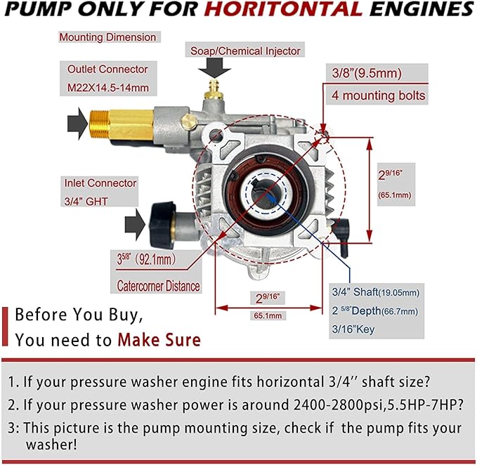2400-2800PSI Pressure Washer Replacement Pump, 3/4" Shaft Horizontal Pressure Pump Replacement Power Washer Pumps for Power Washer, Compatible with Simpson,Dewalt,Westinghouse,Ryobi More Gas Washer