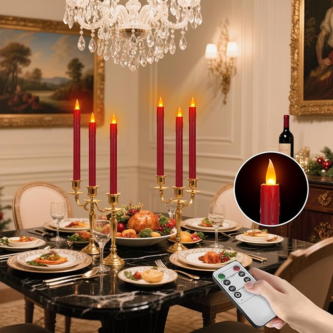 wemarry 24 Pcs Flameless Taper Candles with Remote, 10" Burgundy Battery Operated Led Candlesticks with Flickering 3D Flame, Fake Taper Candles for Christmas Thanksgiving Wedding Home Décor