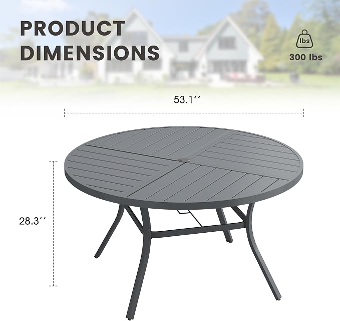 53.1" Outdoor Dining Table with Adjustable Umbrella Hole, Metal Slatted Round Patio Dining Table for Backyard Garden Deck, Dark Grey