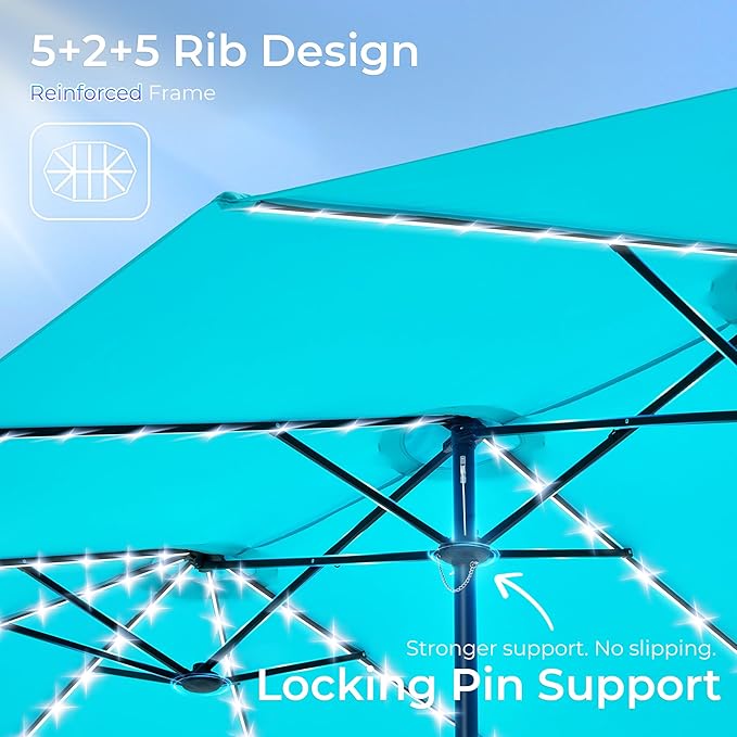 SUPERJARE 15ft Large Patio Umbrella with Base included, Double Sided Outdoor Umbrella with Solar Lights, Pool Umbrella with Fade Resistant Canopy for Deck, Porch, Yard, Balcony, Light Blue