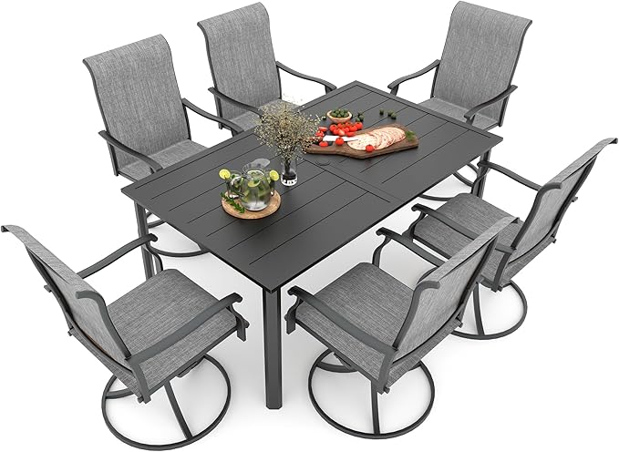 Anmutig 7-Piece Outdoor Dining Set, 6 Swivel Chairs & 63'' Rectangular Dining Table with All Weather Frame Furniture Set - Grey Style1