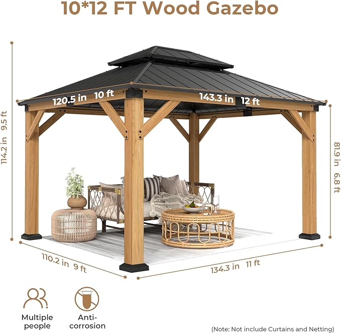 Jocoevol 10' X 12' Wood Gazebo Hardtop Outdoor Permanent Pavilion with Double Galvanized Steel Roof Snow Support, Wind Resistance for Backyard Garden, Lawns, Patio