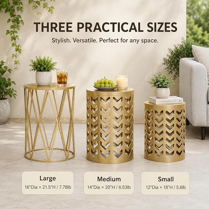 Y&M Set of 3 Gold End Tables, Nesting Metal Round Coffee Table, Heavy Duty Metal Plant Stand Garden Stool, Outdoor Multifunctional Use