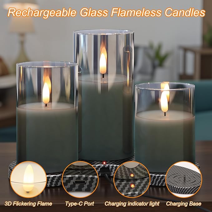 GenSwin Rechargeable Candles with Remote Timer and Charging Base, Set of 3 Glass Battery Operated Candles with 3D Flickering Wick, Black LED Flameless Candle for Home Party Decor(D3” x H4”5”6”)