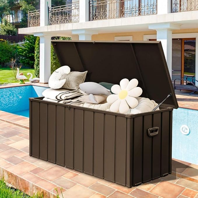 Large 120-Gallon Waterproof Outdoor Storage Box for Patio, Deck, or Poolside – Durable Weather-Resistant Design with Lockable Lid (190 Gallon (Dark Brown))