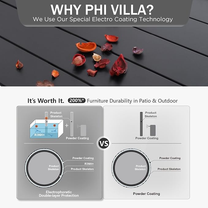 PHI VILLA 7 Piece, Outdoor Dining Table, 59"x36" Table, Umbrella Hole | Metal, Swivel Chairs, Iron Chairs, Cushions, Weather-Resistant, Adjustable, 360° Swivel, 350 lbs Capacity