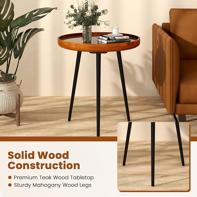 Giantex Outdoor Side Table, Round End Table with Epoxy Resin Finish, Sea Shell Decoration, Mahogany Wood Frame, Tray Top, Patio Side Table for Living Room, Pool, Yard, Porch (Brown, 20” x 20” x 21.5”)