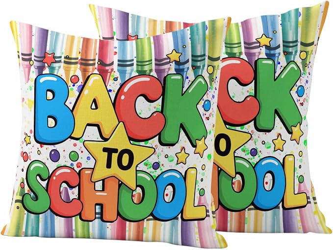 Outdoor Waterproof Pillow Covers for Patio Back to School Decorative Throw Pillow Cover Colorful Crayon School Season Pillowcases Set of 2 Cushion Case for Sofa Couch Chair 18x18 Inch