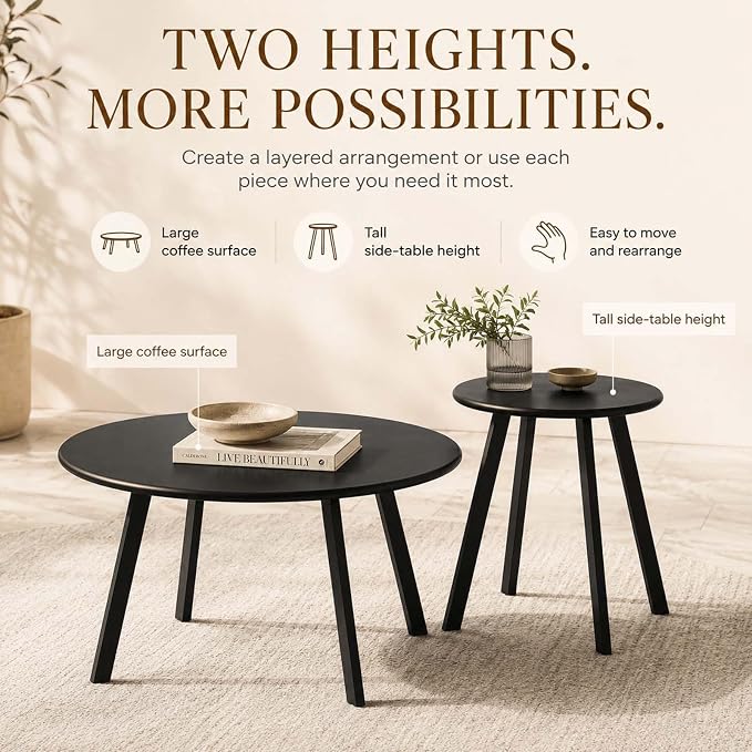 HRVEOCEI Black Round Nesting Coffee Table Set of 2, 2 PCS Small Outdoor Nesting Tables with LED Light for Living Room, Metal Side Table Set for Balcony Patio (70 Inch)