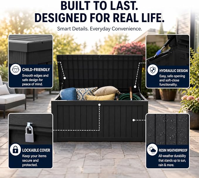 LAUSAINT HOME 230 Gallon Resin Deck Box, Package Delivery Box with Lockable Lid, Waterproof Outdoor Storage Box For Garden Tools, Patio Cushions(230 Gallon,Black)