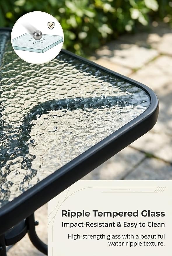 Outdoor Square Glass Patio Table, Tempered Glass Top Bistro Table with Rust-Resistant Metal Frame, Small Coffee Table for Balcony, Garden, Patio