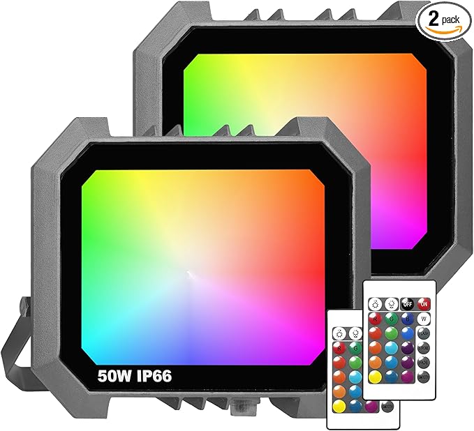 Leddictive 2 Pack RGB LED Flood Light 50W, 500W Equivalent 5000 LM Outdoor Landscape Flood Lights with 2 Remote, IP66 Waterproof Outdoor Light for Christmas Party Stage Uplight Wall Wash