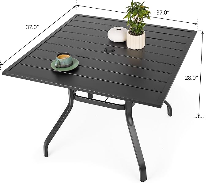 Sour Citrus 37" Outdoor Square Metal Patio Dining Table for 4 with 1.57" Umbrella Hole and Adjustable Feet, Weather-Resistant Steel Slat Table for Garden, Backyard, Balcony, or Deck, Black
